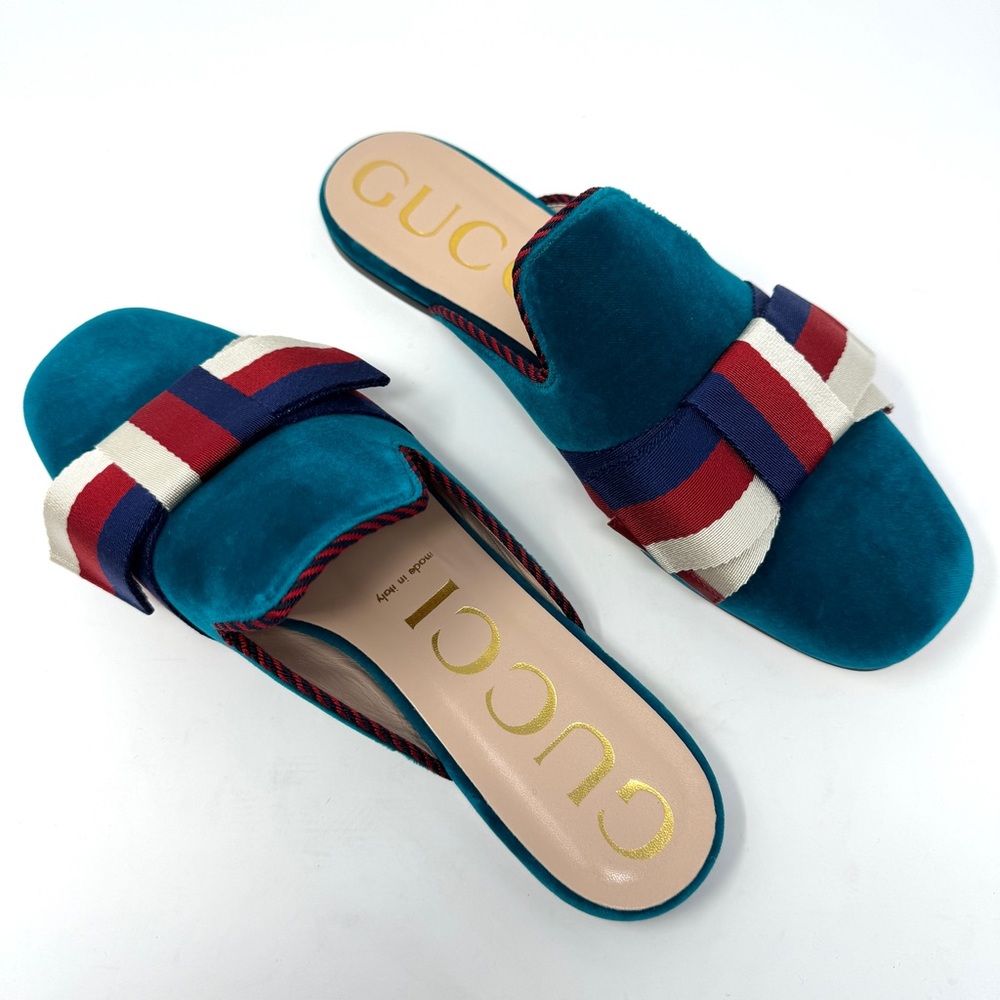 GUCCI Softy Velvet Sylvie Bow Slippers 39 Pavone